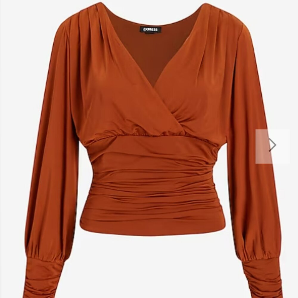 Silky V-Neck Ruched Top - "Caramel Cafe" Express size L
